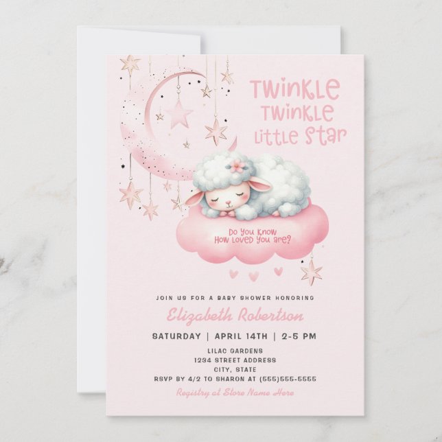 Pink lamb Twinkle Twinkle Girls Baby Shower Invitation (Front)