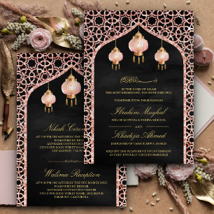 Pink Lanterns Black Rose Gold Muslim Wedding Invitation