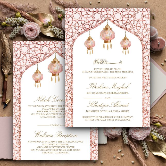 Pink Lanterns Blush Rose Gold Muslim Wedding Invitation (Creator Uploaded)