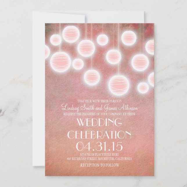 Pink lanterns vintage wedding invitation (Front)