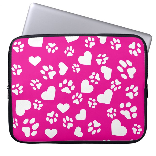 Pink Laptop Case with White  Paw Prints Pattern (Front)