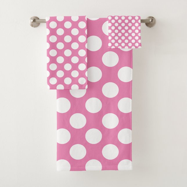 Pink: Large white Polka Dot Pattern Bath Towel Set (Insitu)
