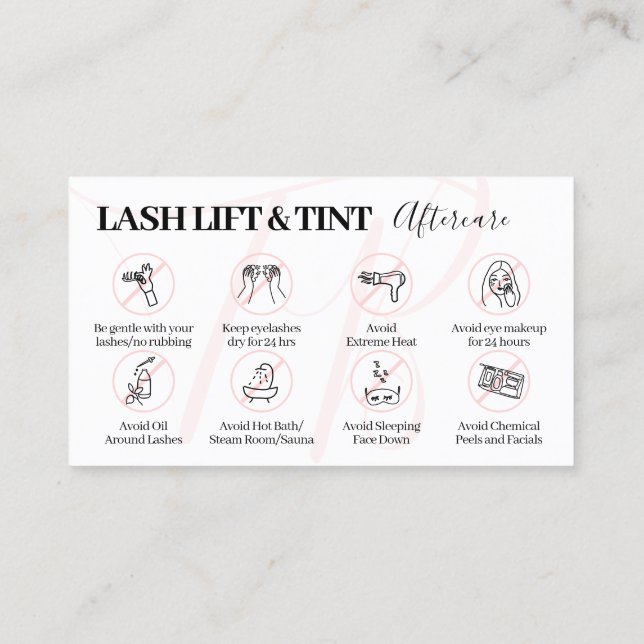 Pink Lash Lift Tint Aftercare Tips Instruction Business Card (Back)