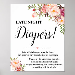 Pink Late Night Diapers game sign Baby shower