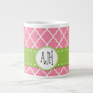 Pink Latticework, Quatrefoil, Trellis, Monogram Large Coffee Mug