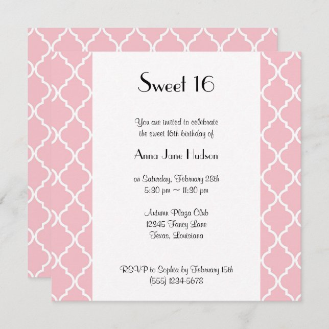 Pink Latticework, Quatrefoil, Trellis, Sweet 16 Invitation (Front/Back)
