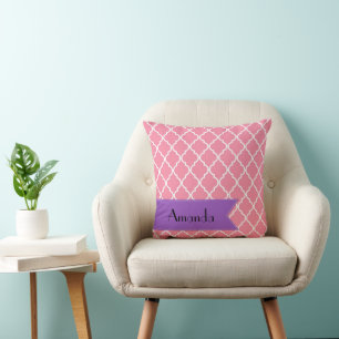 Pink Latticework, Quatrefoil, Trellis, Your Name Cushion
