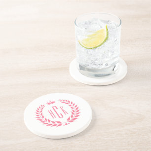 Pink Laurel Wreath Custom Monogram Coaster