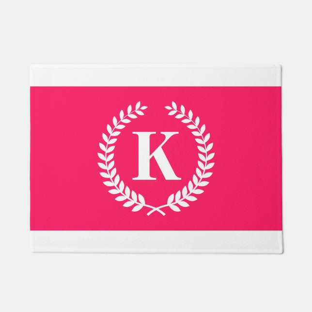 Pink Laurel Wreath Monogram Doormat (Front)