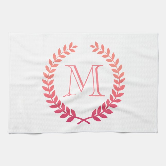 Pink Laurel Wreath Monogram Tea Towel (Horizontal)