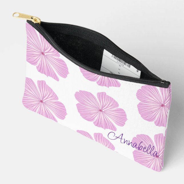 Pink Lavatera Flower Blooms on White Accessory Pouch (Open)