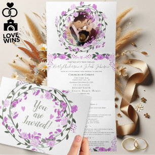 Pink Lavender and Purple Peony Floral Wedding Tri-Fold Invitation