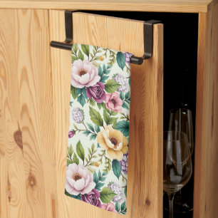 Pink Lavender and Yellow Chinoiserie Flowers Tea Towel