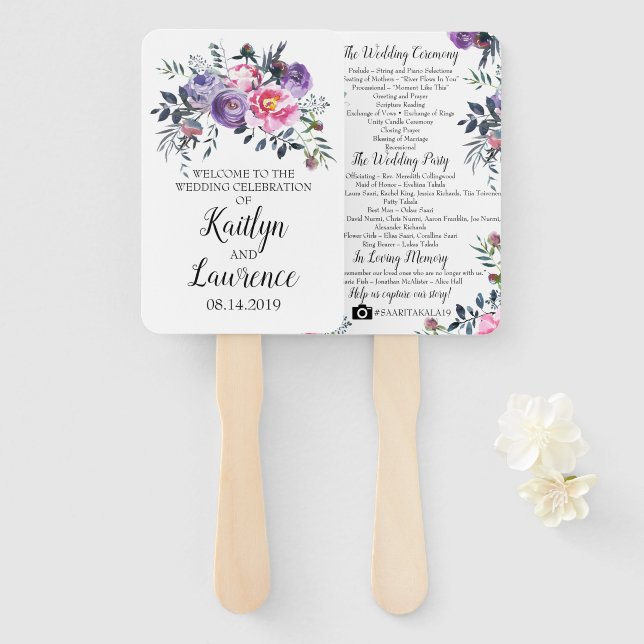 Pink Lavender Blooms Wedding Program Hand Fan (Front and Back)