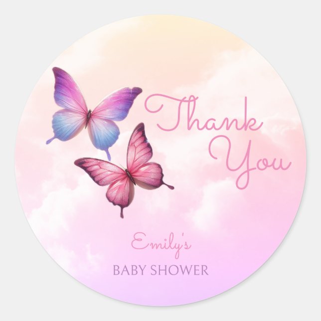 Pink Lavender Butterfly Baby Shower  Classic Round Sticker (Front)