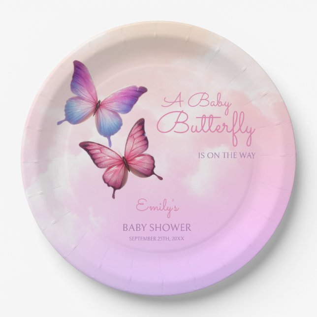 Pink Lavender Butterfly Baby Shower  Paper Plate (Front)