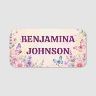 Pink Lavender Butterfly Garden Floral Student ID Name Tag