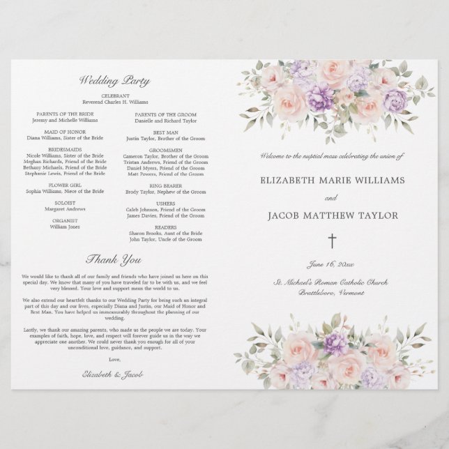 Pink Lavender Catholic Wedding Ceremony Program (Front)