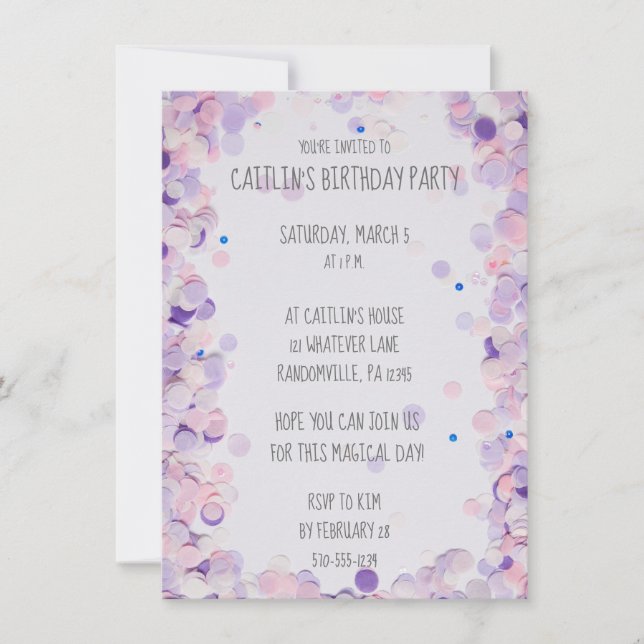 Pink & Lavender Confetti Girls Birthday Party Invitation (Front)