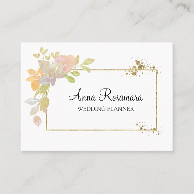 *~* Pink Lavender Elegant Watercolor Gold Flower Business Card (Front)