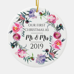 Pink Lavender First Christmas as Mr & Mrs Ceramic Ornament