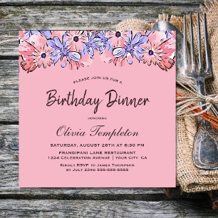 Pink Lavender Floral Birthday Dinner Party Invitation