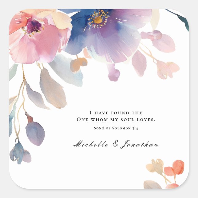 Pink Lavender Floral Christian Bible Verse Wedding Square Sticker (Front)