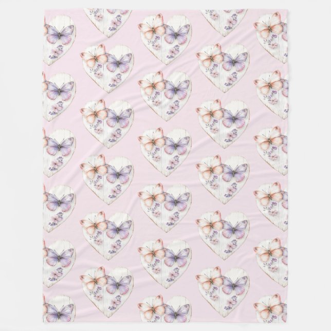 Pink Lavender Floral Heart Butterflies Birthday Fleece Blanket (Front)