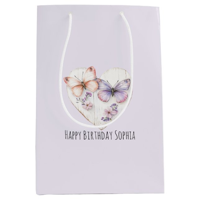 Pink Lavender Floral Heart Butterflies Birthday Medium Gift Bag (Front)