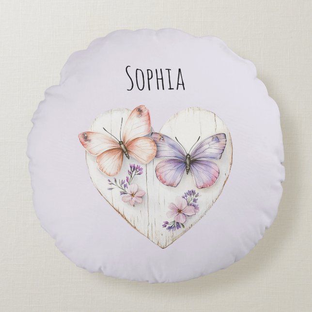 Pink Lavender Floral Heart Butterflies Birthday Round Cushion (Front)