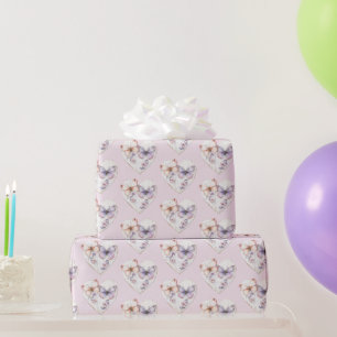 Pink Lavender Floral Heart Butterflies Birthday Wrapping Paper