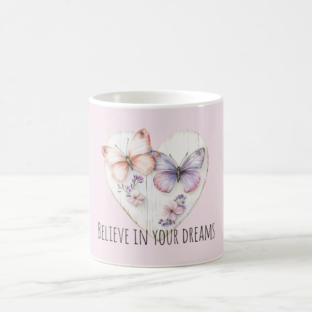 Pink Lavender Floral Heart Butterflies Coffee Mug (Center)