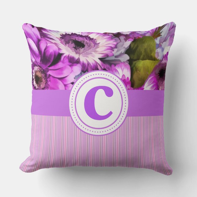 Pink Lavender Floral & Stripes Monogram Pillow (Front)