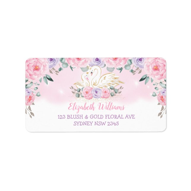 Pink Lavender Floral Swan Princess Return Address Label (Front)