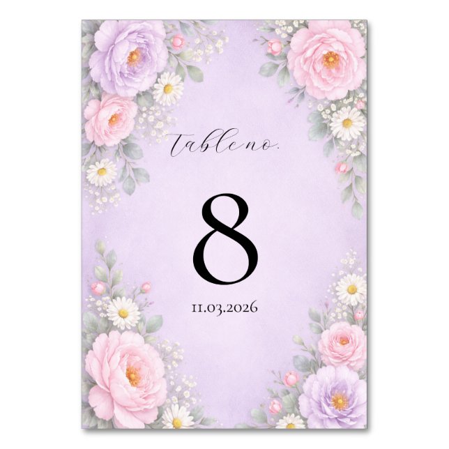 Pink Lavender Floral Table Number Cards  (Front)