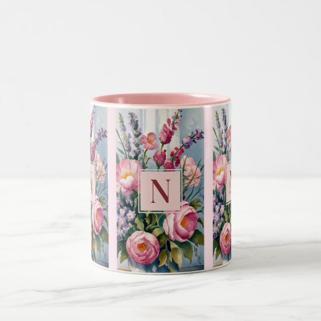 Pink Lavender Flowers Modern Watercolor  Two-Tone Coffee Mug (Center)