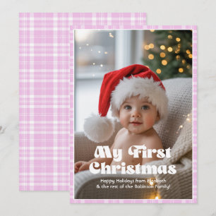 Pink Lavender Gingham My First Christmas Baby Holiday Card