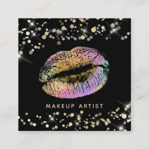 *~* Pink Lavender Gold Glitter Pastel Lips Makeup Square Business Card
