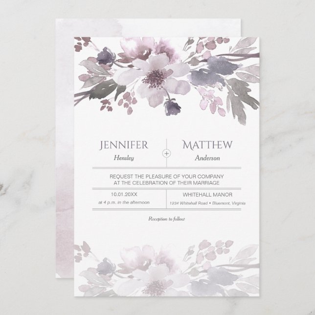 Pink Lavender Grey Watercolor Blossoms Wedding Invitation (Front/Back)