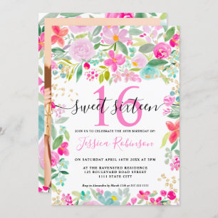 Pink lavender loose floral gold script Sweet 16 Invitation