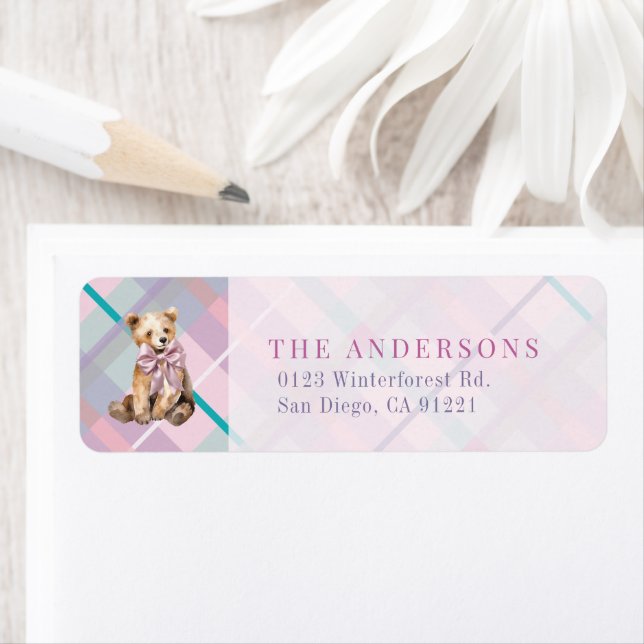 Pink & Lavender Plaid Teddy Bear Return Address Label (Insitu)
