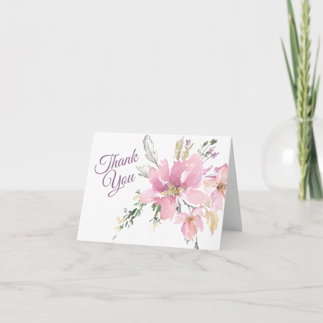 Pink Lavender Watercolor Floral Wedding Thank You Card (Front)