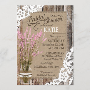 Pink Lavender Wood Lace Rustic Bridal Shower Invitation