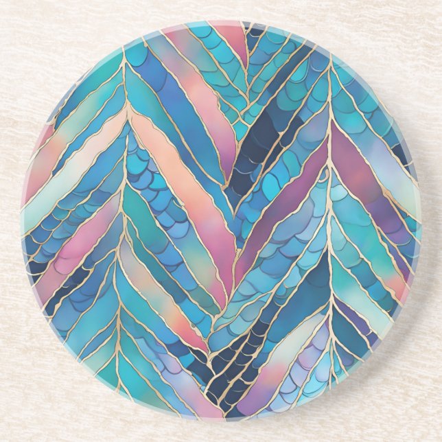 Pink Leaf And Mermaid Scales Pattern Coaster (Front)
