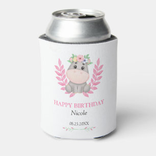 Pink Leaf Cute Hippo Floral Happy Birthday Can Cooler