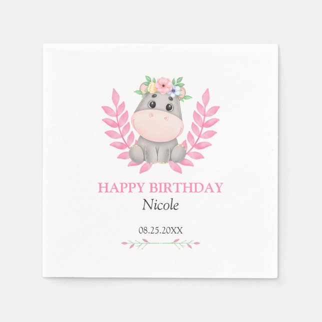 Pink Leaf Cute Hippo Floral Happy Birthday  Napkin (Front)