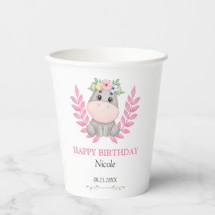 Pink Leaf Cute Hippo Floral Happy Birthday  Paper Cups