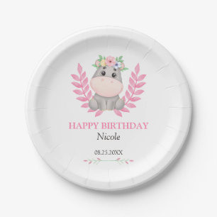 Pink Leaf Cute Hippo Floral Happy Birthday  Paper Plate