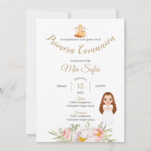 Pink Leaf Girls First Communion Invitation