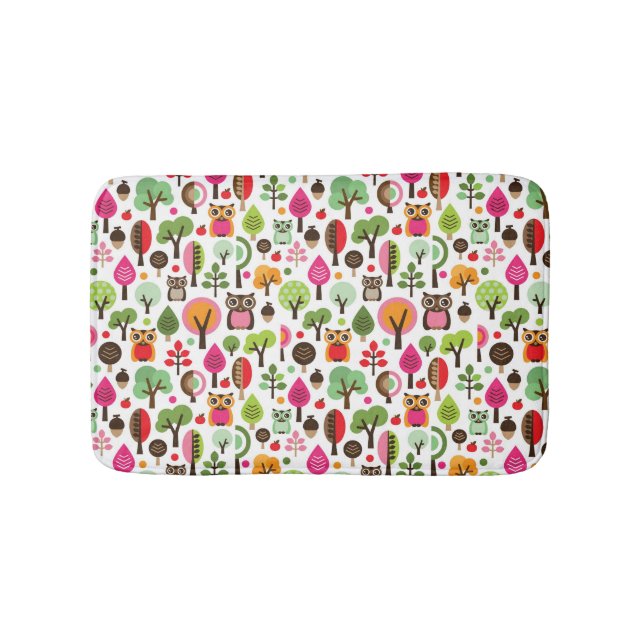 pink leaf tree retro owl pattern bath mat (Front)